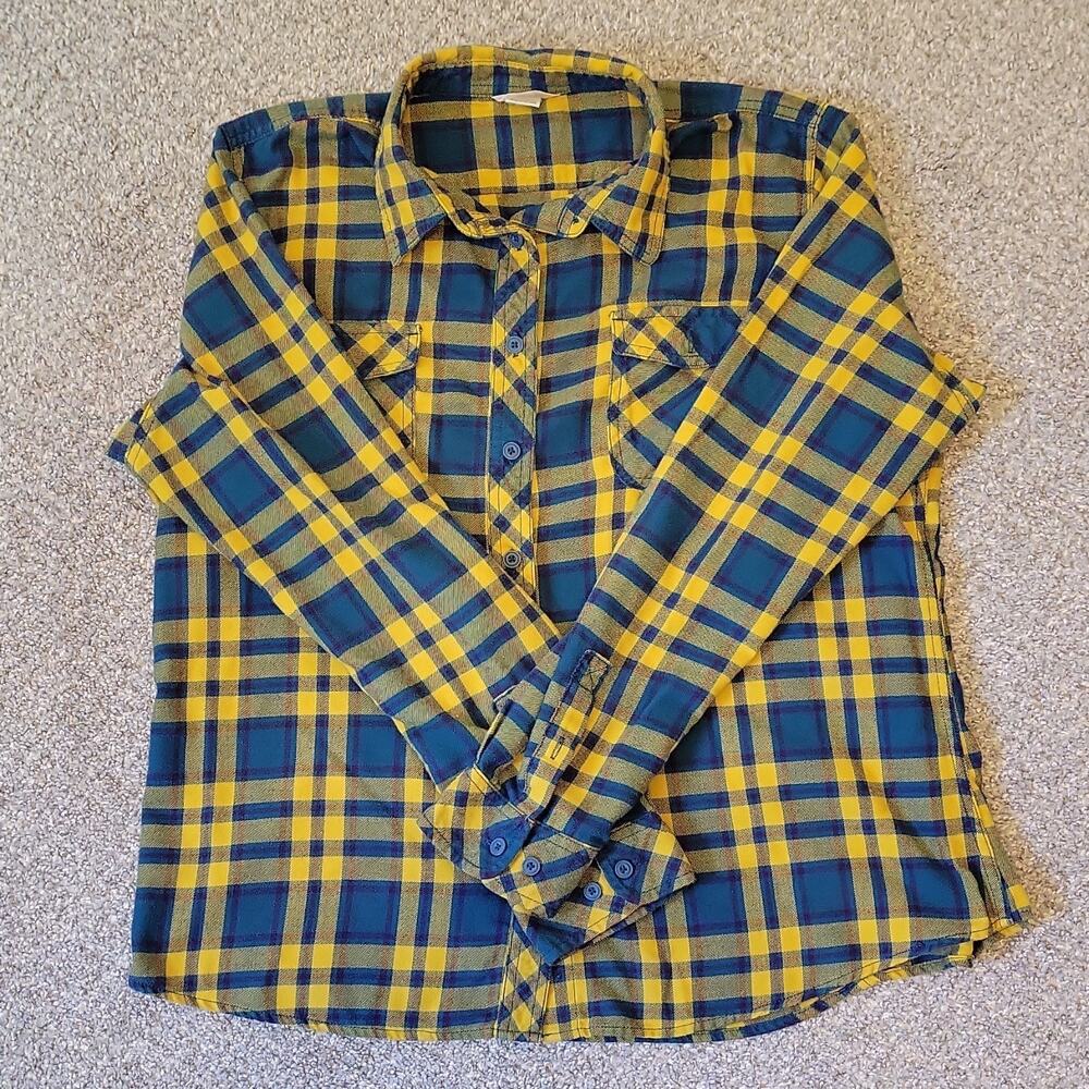 Duluth Trading Co Men's Yellow Blue Plaid Flannel Button-Up Shirt XXL